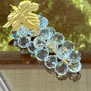 Vintage Faceted Crystal Grape Cluster with Gold-Tone Leaf Accent